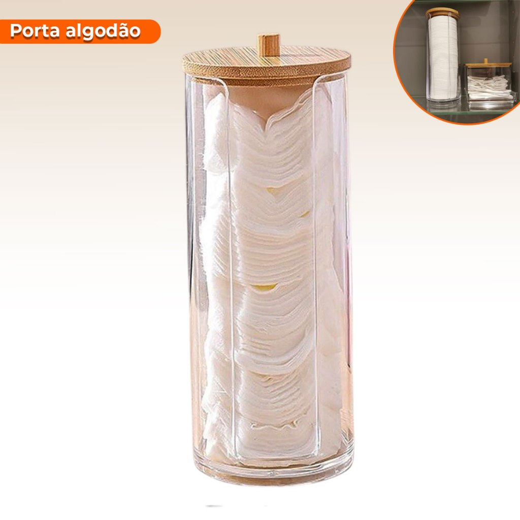 Organizador Algodão E Cotonetes Acrílico Tampa Bambu Kit