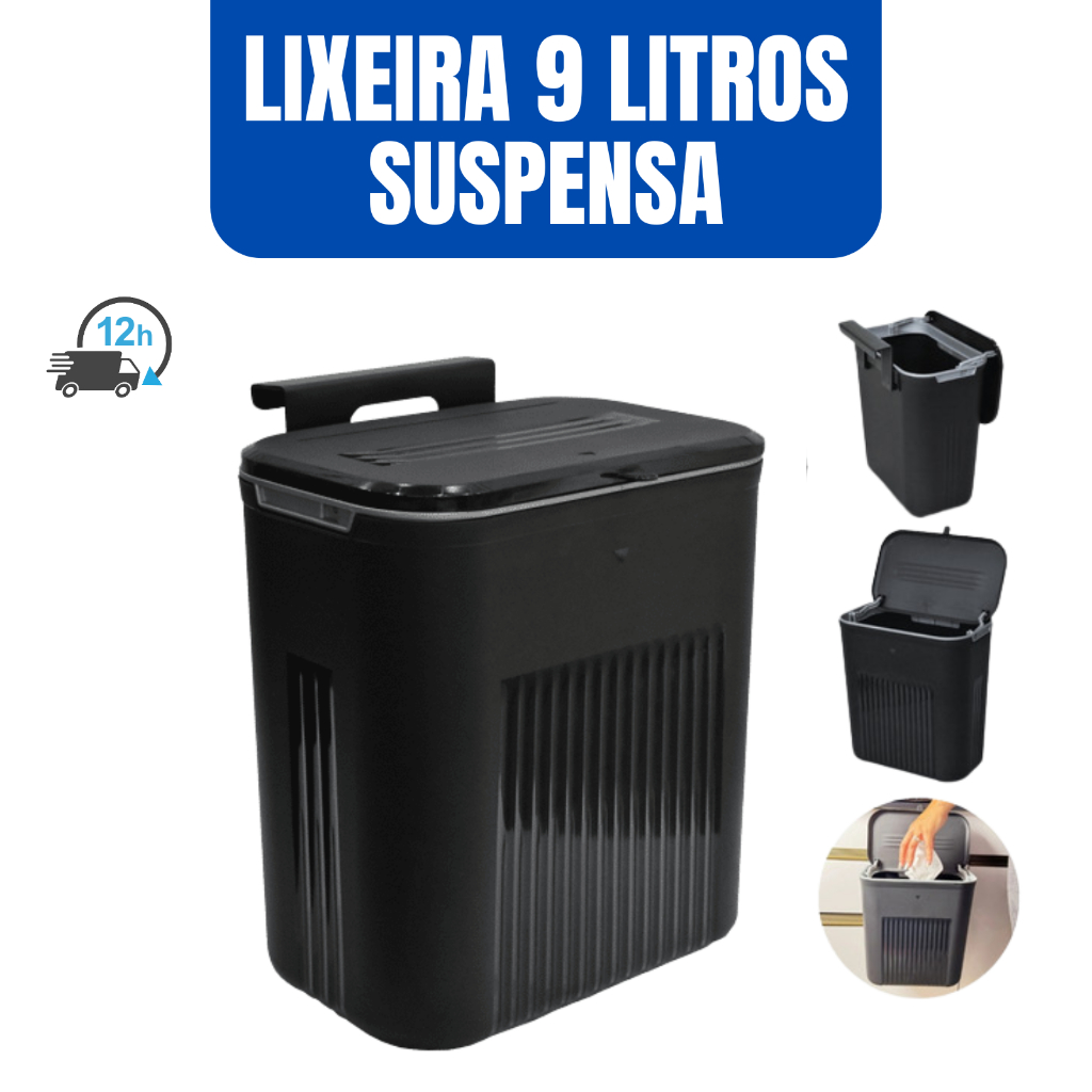 Lixeira Suspensa Com Tampa 9 Litros Suporte De Adesivos E Alça De Pendurar