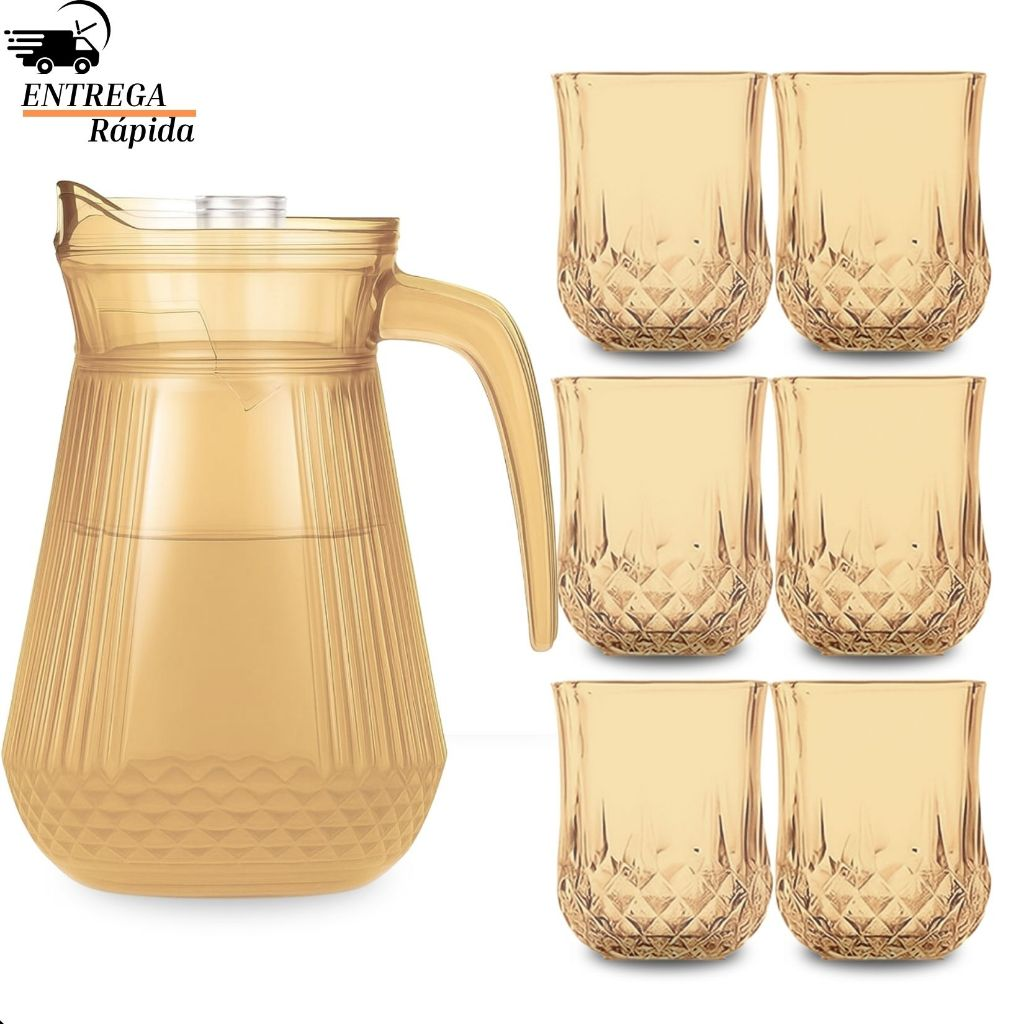 Conjunto de 1 Jarra de Vidro Âmbar com Tampa e 6 Copos