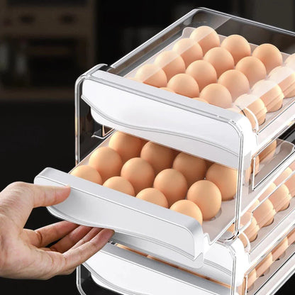 Organizador transparente de ovos com bandeja deslizante e ovos marrons armazenados