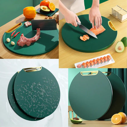 Tábuas de corte circulares verdes com alças douradas, usadas para cortar carnes, peixe e frutas, resistentes à água