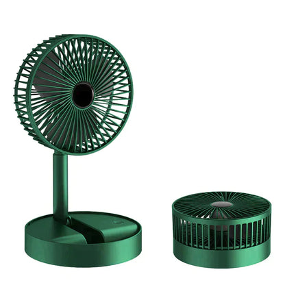 Ventilador telescópico portátil USB verde em duas posições, mesa e compacto, design moderno