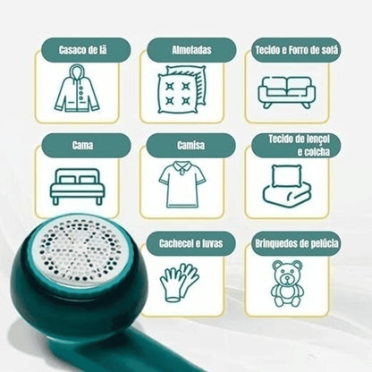 Removedor de bolinhas com indicações de uso em casaco de lã, almofadas, sofá, cama, camisa, lençol, cachecol e brinquedos de pelúcia