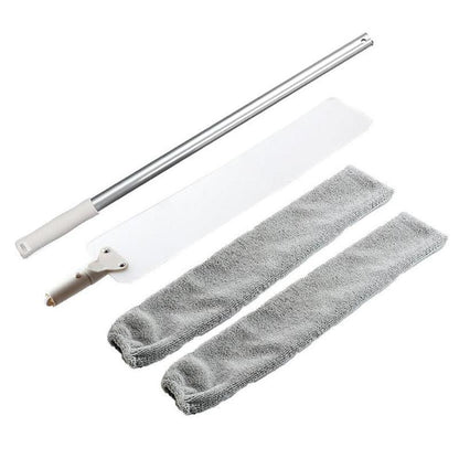 Kit de limpeza com cabo metálico, espátula branca e duas capas de microfibra cinza