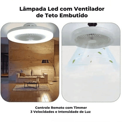 Lâmpada LED embutida no teto com ventilador integrado, iluminação branca, ambiente sala moderna