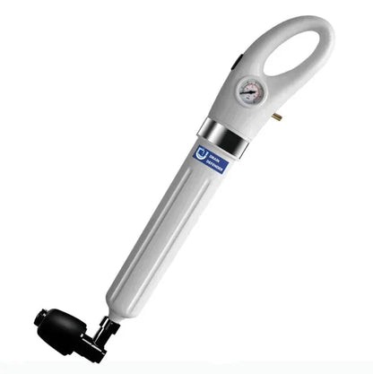 Bomba de drenagem branca com alça, manômetro e conexão preta, para sistemas de esgoto