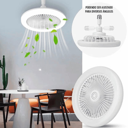 Ventilador de teto branco ajustável irradiando folhas verdes, ambiente moderno com mesa e cadeiras