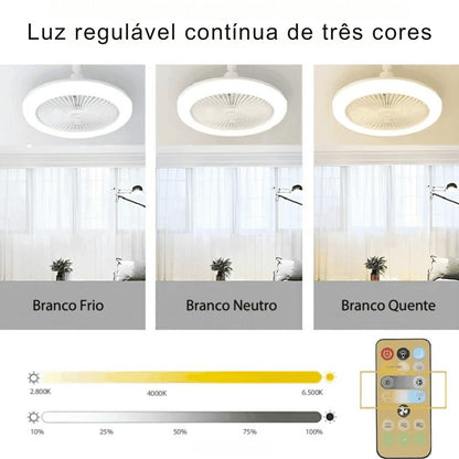 Luminária de teto com ventilador e controle remoto ajustando luz regulável em três cores: branco frio, neutro e quente
