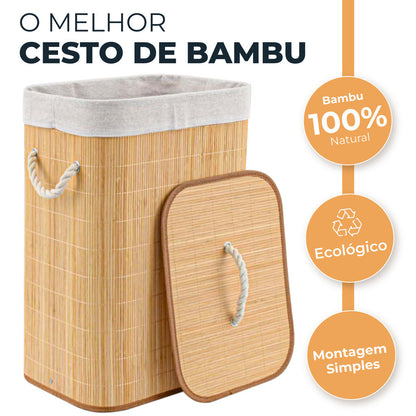 Cesto de bambu natural com tampa e alças de corda, ecológico, montagem simples