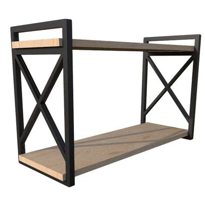 Prateleira industrial de madeira com suporte metálico preto em estilo moderno