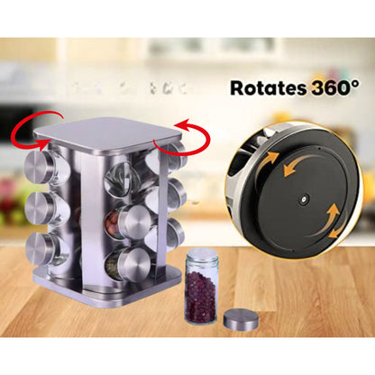 Suporte giratório de armazenamento de temperos em aço inoxidável com recipientes de vidro e tampa metálica