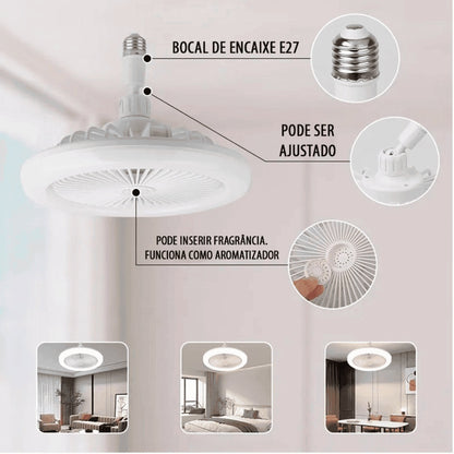 Ventilador de teto branco com bocal E27, ajustável e aromatizador para ambientes internos