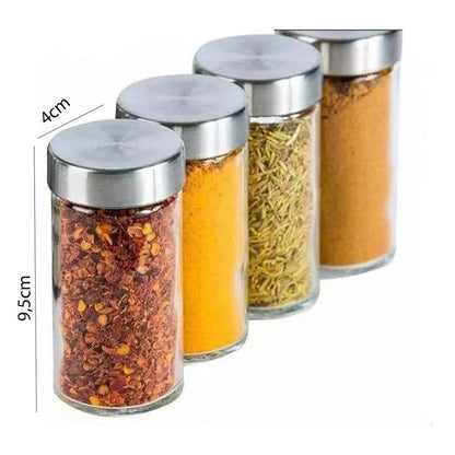 Conjunto de potes de vidro com tampa metal para temperos, com pimenta, açafrão, alecrim e canela