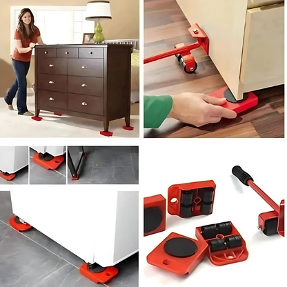 Kit de ferramentas vermelhas para mover móveis pesados com rodízios e alavanca para facilitar o transporte