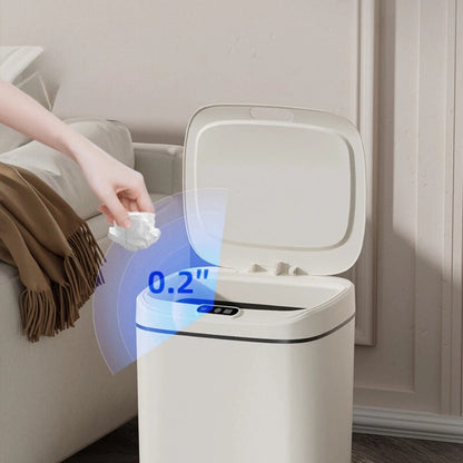 Lixeira automática branca com sensor inteligente detectando mão a 0,2 polegadas em sala moderna
