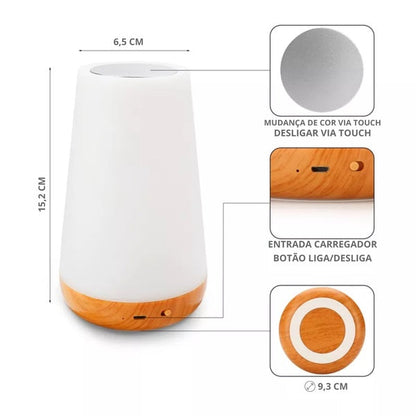 Difusor de aroma LED com base de madeira, 15,2 cm altura, muda cor via touch, botão liga/desliga, entrada carregador