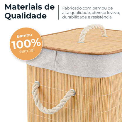 Cesto organizador de bambu natural 100% com tampa e alças de corda, material durável e leve