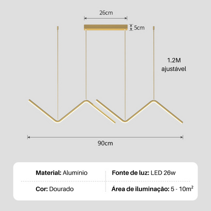 Luminária pendente dourada em alumínio com medidor de 90cm largura e 1,2m cabo ajustável, LED 26w