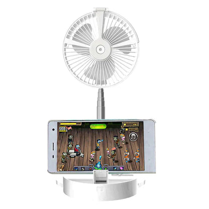 Ventilador portátil USB branco com suporte para celular exibindo jogo, design dobrável e telescópico