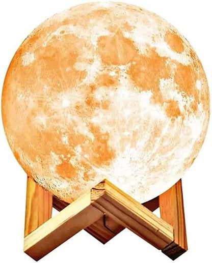 Luminária em forma de lua cheia com base de madeira, decoração e iluminação ambiental