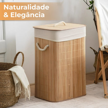 Cesto de roupa em bambu natural com tampa e alças de corda em ambiente clean e elegante