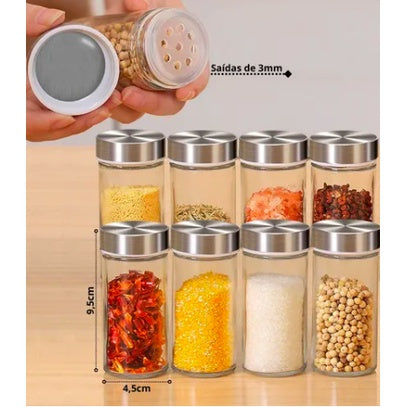 Conjunto de potes de vidro com tampa metálica para temperos e especiarias, mostrados com medidas e saída de 3mm