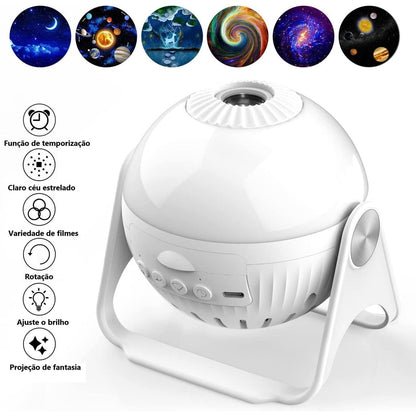 Projetor de estrelas branco com cinco opções de projeção do universo e controle de brilho e rotação