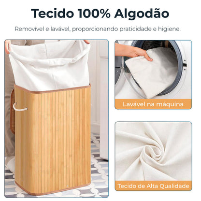 Cesto de roupa com tecido 100% algodão removível e lavável, detalhe de lavagem na máquina e tecido de alta qualidade