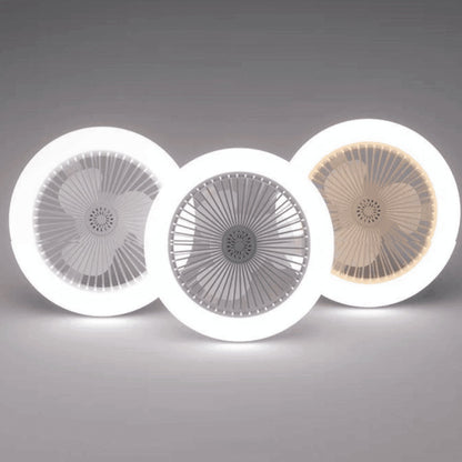 Três ventiladores portáteis circulares com luz LED branca em fundo cinza