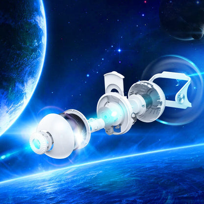 Partes explodidas de um dispositivo eletrônico branco flutuando no espaço com a Terra ao fundo