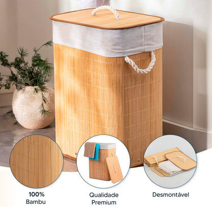 Cesto organizador de bambu premium com tampa e alças de corda, decorado em ambiente interno