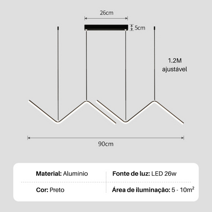 Luminária pendente preta em alumínio, design zigzag, LED 26w, ajustável até 1.2m, 90cm largura