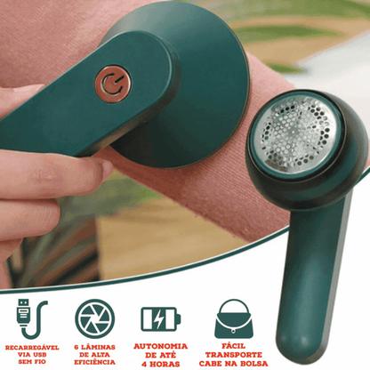 Aparelho removedor de fiapos verde escuro em uso sobre tecido rosa, portátil e recarregável via USB