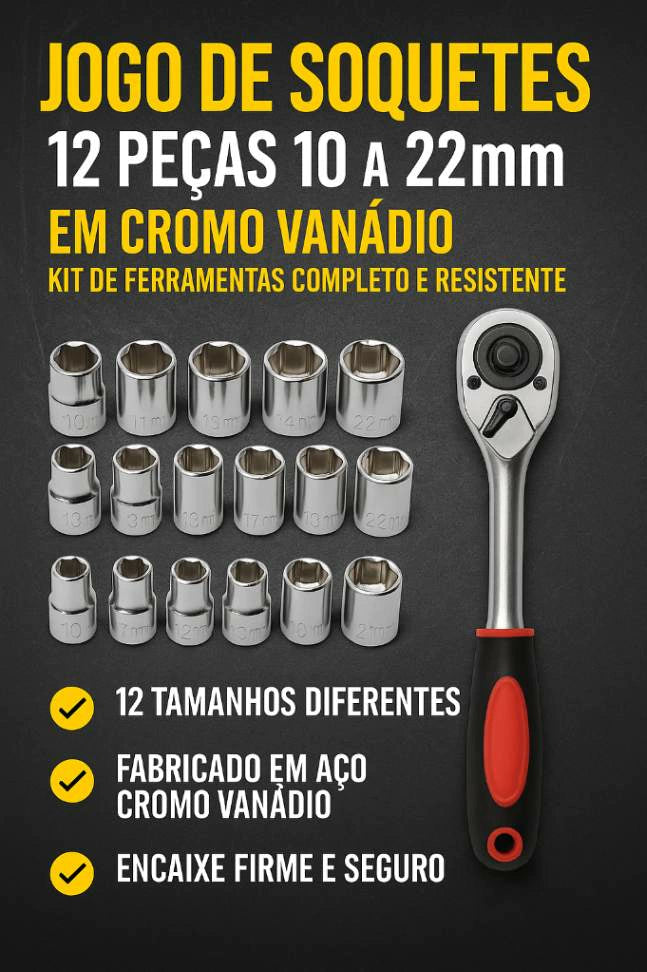 Kit de Ferramentas Soquete Sextavado 1/2 Catraca 12 Peças 10 a 24mm