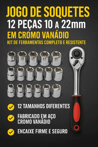 Kit de Ferramentas Soquete Sextavado 1/2 Catraca 12 Peças 10 a 24mm