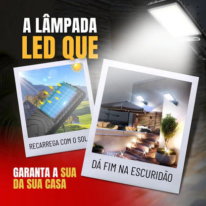 Lâmpada LED recarregável com energia solar iluminando área externa moderna com jardim e móveis
