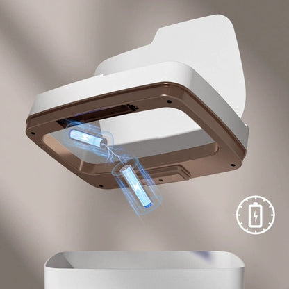 Dispositivo branco com tampa marrom carregando duas baterias AA com ícone de bateria indicando carregamento