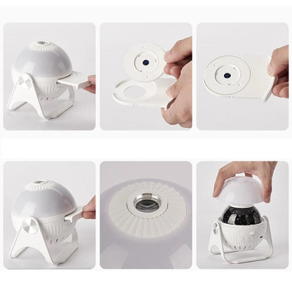 Projetor estelar branco com desmontagem de disco de lentes e remoção da tampa superior com demonstração manual