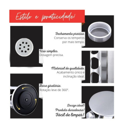 Porta-temperos giratório inox com dosagem precisa, fechamento vedado e design fácil de limpar