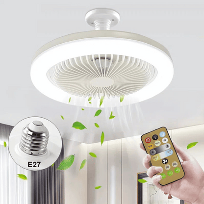 Ventilador de teto branco com luz LED e controle remoto, filtro E27, soprando folhas verdes