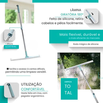 rodo mágico de silicone com lâmina giratória 180°, cabo inox ajustável e pega ergonômico