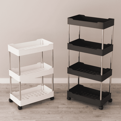 Carrinhos organizadores multiuso com rodinhas, branco de 3 níveis e preto de 4 níveis, em piso de madeira