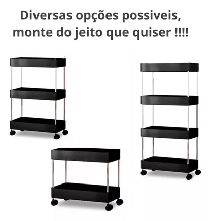 Carrinho organizador multiuso preto com rodinhas em diferentes configurações de prateleiras