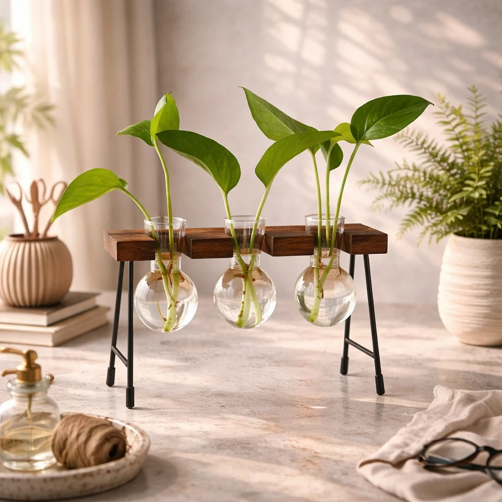 Vaso de Vidro para Hidroponia com Suporte de Madeira