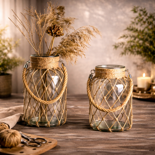 Vaso de Vidro com Corda em Fibra Natural Estilo Boho