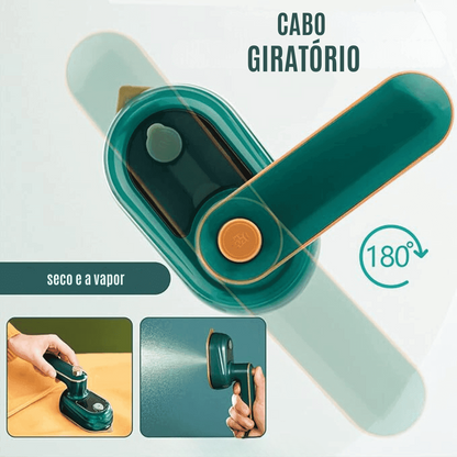 Ferro de passar portátil verde com cabo giratório 180 graus para uso seco e a vapor