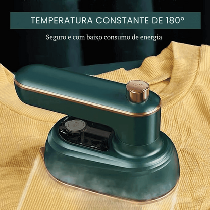 Ferro de passar verde com detalhes dourados em tecido amarelo, temperatura constante de 180°, baixo consumo de energia
