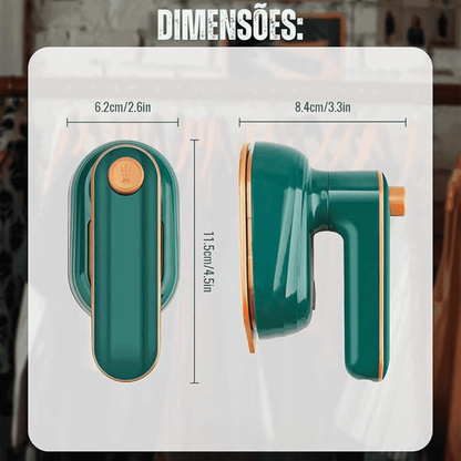 Dimensões de ferro portátil verde com detalhes em dourado, mostrando medidas em cm e polegadas