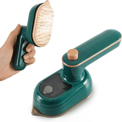 Ferro de passar portátil verde com detalhes dourados, incluindo base e controle handheld