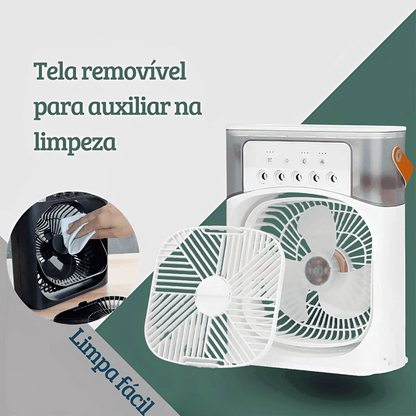 Ventilador branco com tela removível para facilitar limpeza, destacando facilidade de manutenção